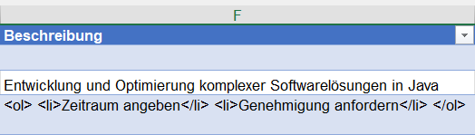 Der Screenshot zeigt ein Excel Beispiel mit einer Liste von zwei Dokumenten, wobei ein Dokument HTML-Tags im Attribut "Beschreibung" beinhaltet.