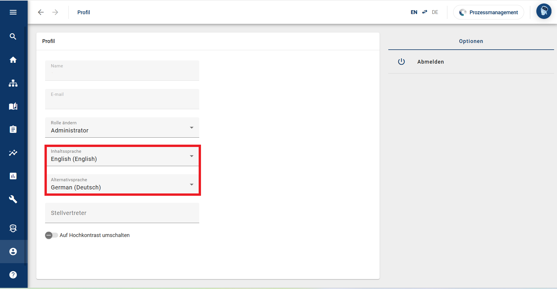 Der Screenshot zeigt, dass im Menüeintrag "Profil" die aktuell eingestellte Inhaltssprache und Alternativsprache angezeigt wird. Außerdem ist ein Dropdown-Menü zu sehen, indem die Sprache ausgewählt werden kann.