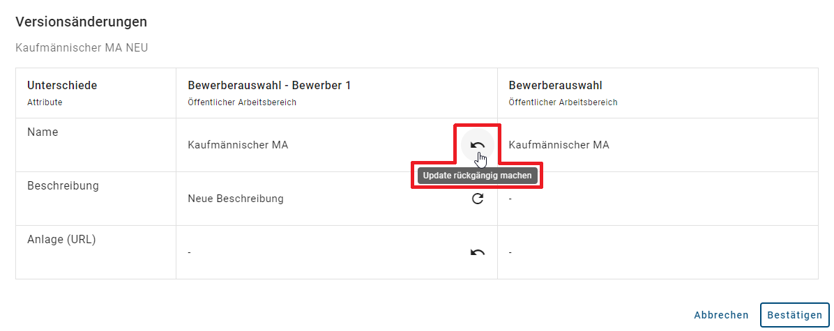 Der Screenshot zeigt die Option "Update rückgängig machen" in der Tabelle für den Variantenvergleich.