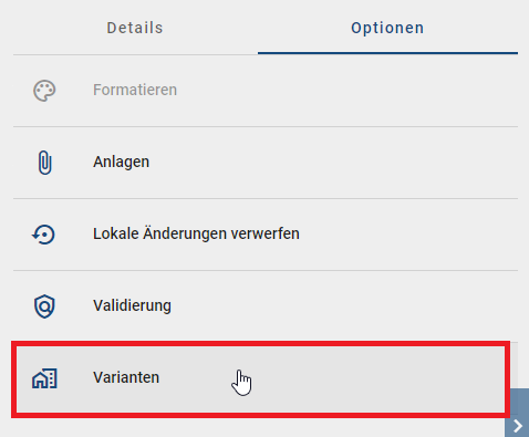 Der Screenshot zeigt die Option "Varianten" für den Variantenvergleich.