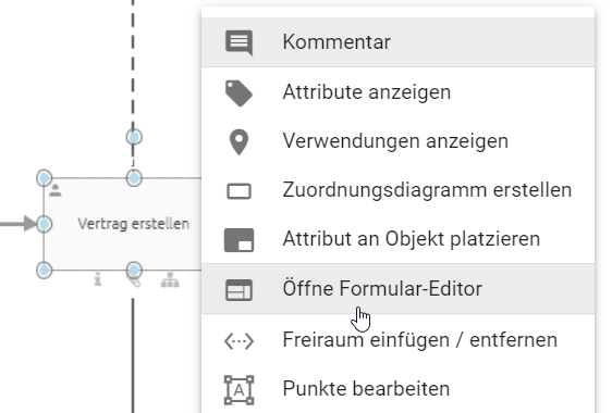 Hier ist das Kontextmenü einer Aktivität mit dem Eintrag "Öffne Formular-Editor" abgebildet.