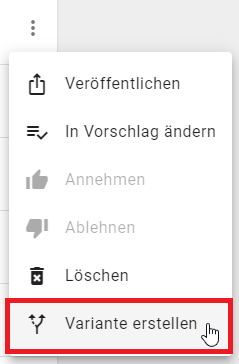 Der Screenshot zeigt die Option "Variante erstellen" im Kontextmenü eines Katalogeintrages.