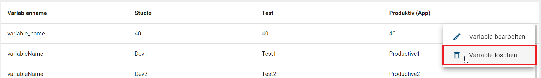 Der Screenshot zeigt die Option "Variable löschen" im Kontextmenü einer globalen Variable.