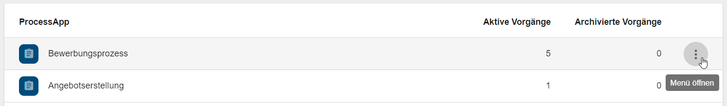 Der Screenshot zeigt die Liste der ProcessApps in der Administration mit der Option "Menü öffnen".