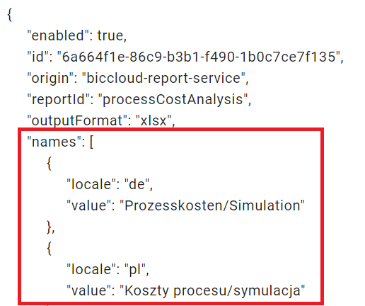 Dieser Screenshot hebt die Variable "names" und beispielhaft gepflegte Werte ""local": "de"" und ""value": "Prozesskosten/Simulation"" hervor.