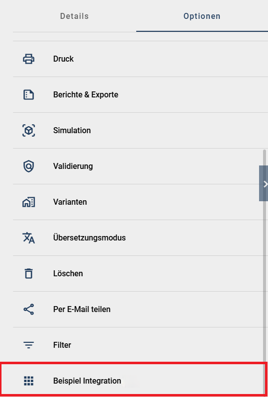 Der Screenshot zeigt die Integration in der rechten Seitenleiste in der Registerkarte "Optionen" im Menüeintrag "Diagramme".