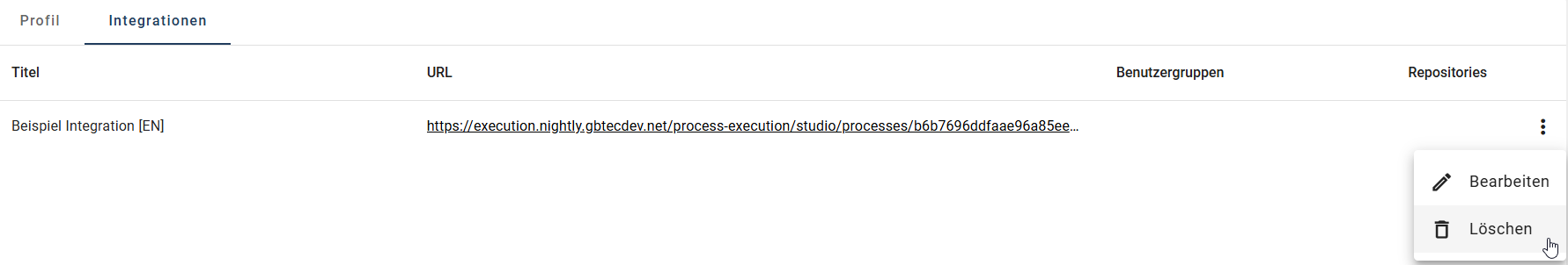 Der Screenshot zeigt die Möglichkeit eine Integration zu löschen.