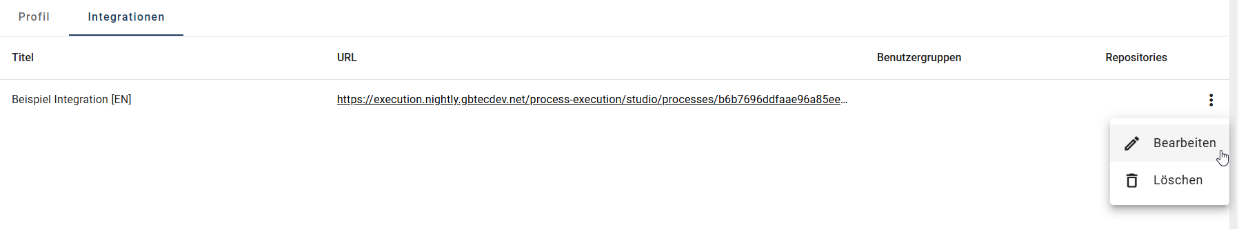 Der Screenshot zeigt die Möglichkeit eine Integration zu bearbeiten.