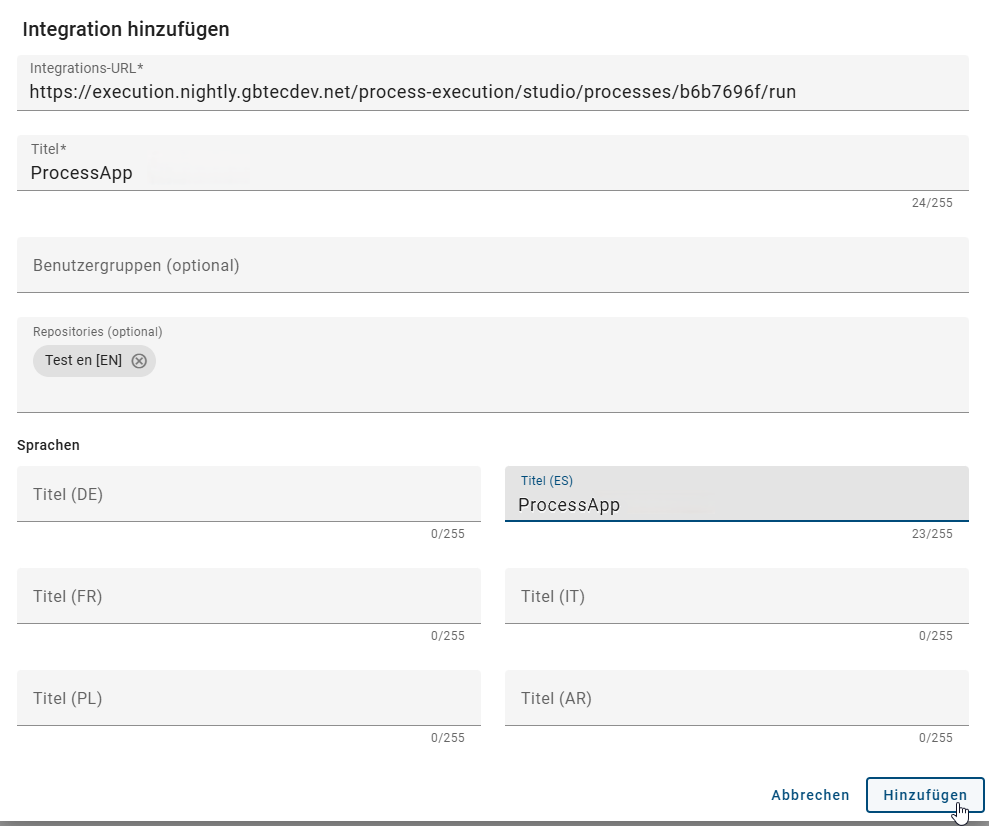Der Screenshot zeigt die Möglichkeit eine Integration hinzuzufügen.