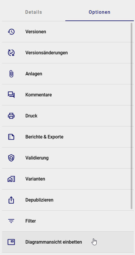 Der Screenshot zeigt in der rechten Seitenleiste die geöffnete Registerkarte „Optionen" mit der Option "Diagrammansicht einbetten".