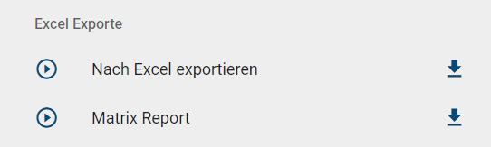 Der Screenshot zeigt die Excel Exporte Gruppe mit Download Buttons.