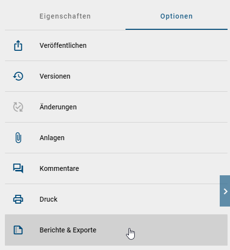 Der Screenshot zeigt die Option "Exporte & Berichte" in der rechten Seitenleiste.