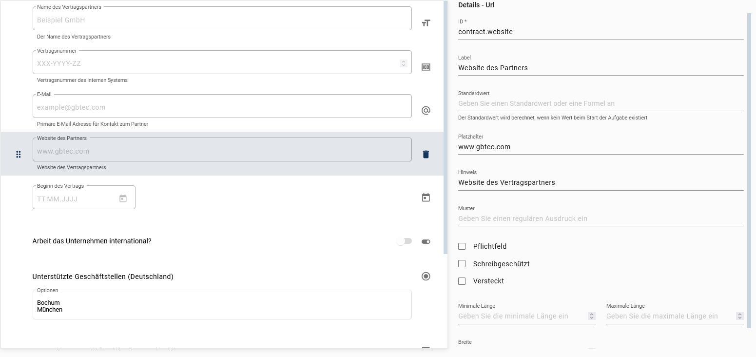 Der hier aufgeführte Screenshot zeigt die Detailübersicht des Formularfelds URL.