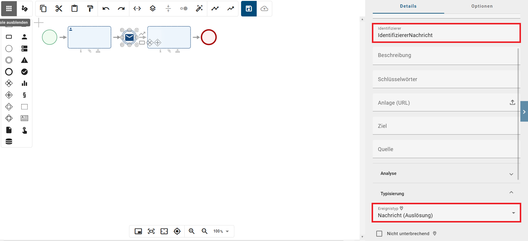 Der Screenshot zeigt die Möglichkeit einen Identifizierer und einen Ereignistyp, in der rechten Seitenleiste in Details festzulegen.