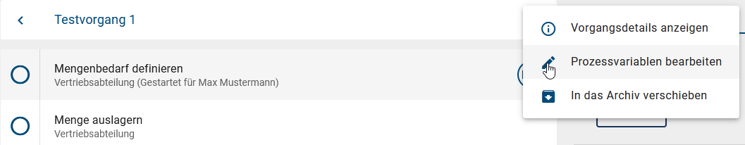 Hier wird im Kontextmenü eines Vorgangs die Option "Prozessvariablen bearbeiten" gezeigt.