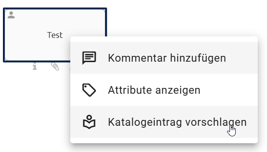 Der Screenshot zeigt die Option "Katalogeintrag vorschlagen" beim Rechtsklick auf eine Aktivität im eingecheckten Diagramm.