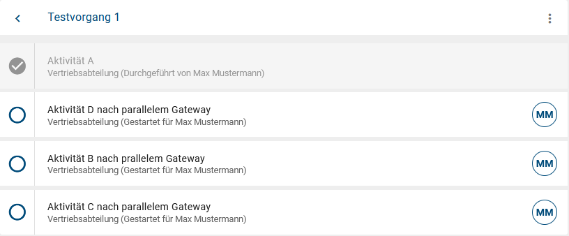 Der Screenshot zeigt einen Vorgang in dem die erste Aufgabe im Prozessfluss erledigt wurde und die darauf folgenden Aufgaben nach einem parallelen Gateway automatisch gestartet wurden.