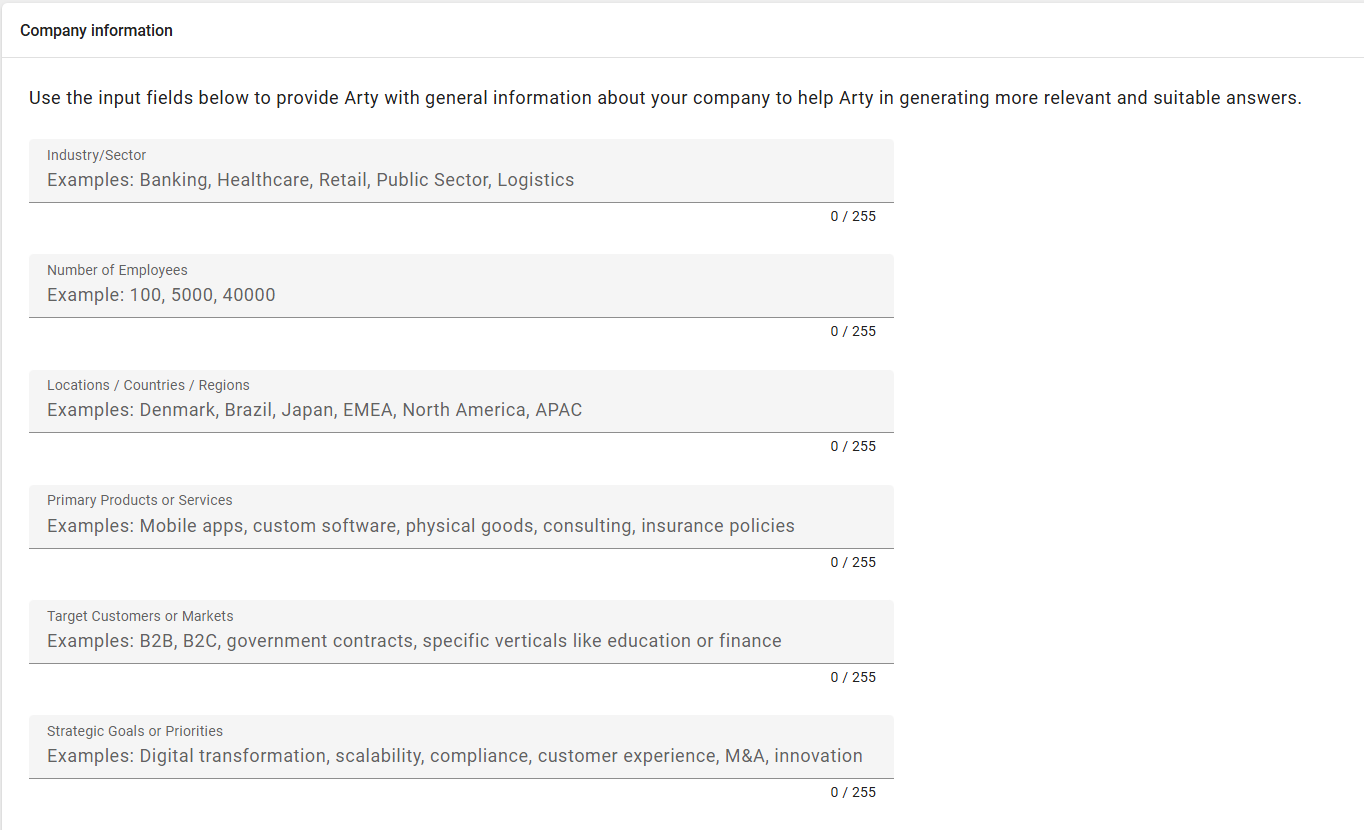 The screenshot shows the input fields for saving company information for "Arty".