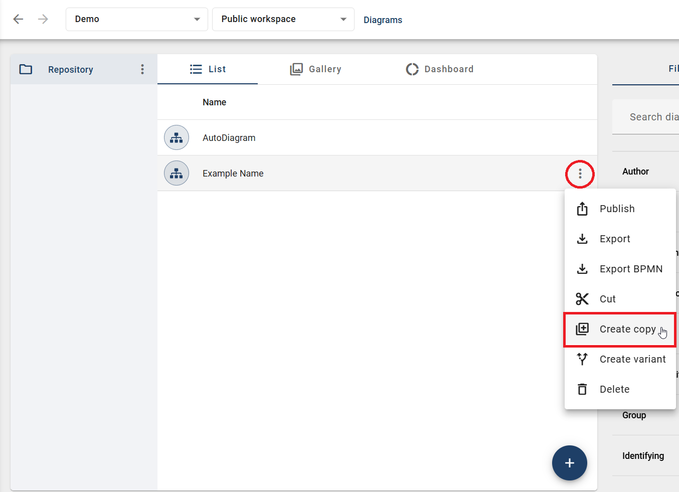 The screenshot shows how you can create a copy of the selected diagram using the category explorer of a diagram.