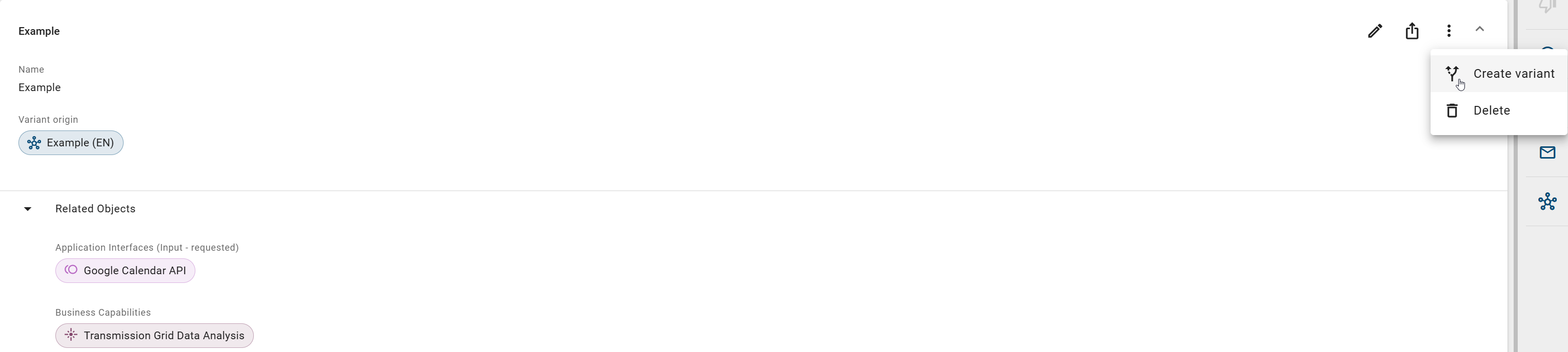 The screenshot shows the option to create a variant from an existing context reference.