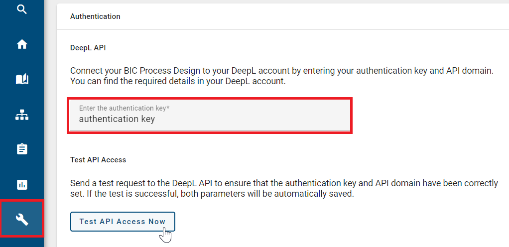 The screenshot shows the authentication of the DeepL API in the administration.