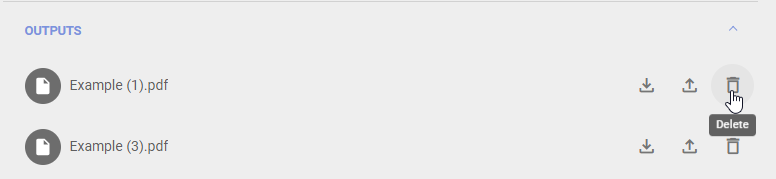 The screenshot shows you the option to delete an output document for an activity.