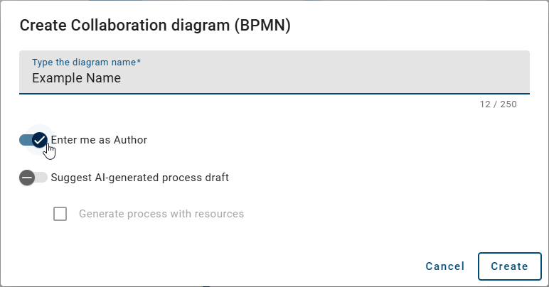 The screenshot shows the button with which you can assign yourself as the Author when creating a diagram.