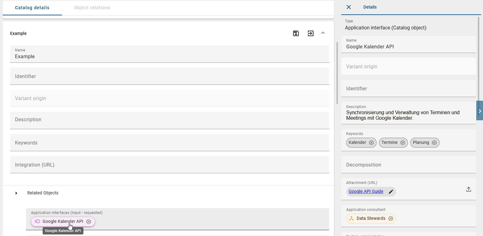 The screenshot shows the option to edit an existing context and its relationship attributes.