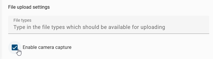 The screenshot shows the option to activate the camera function for the file field in the form editor.