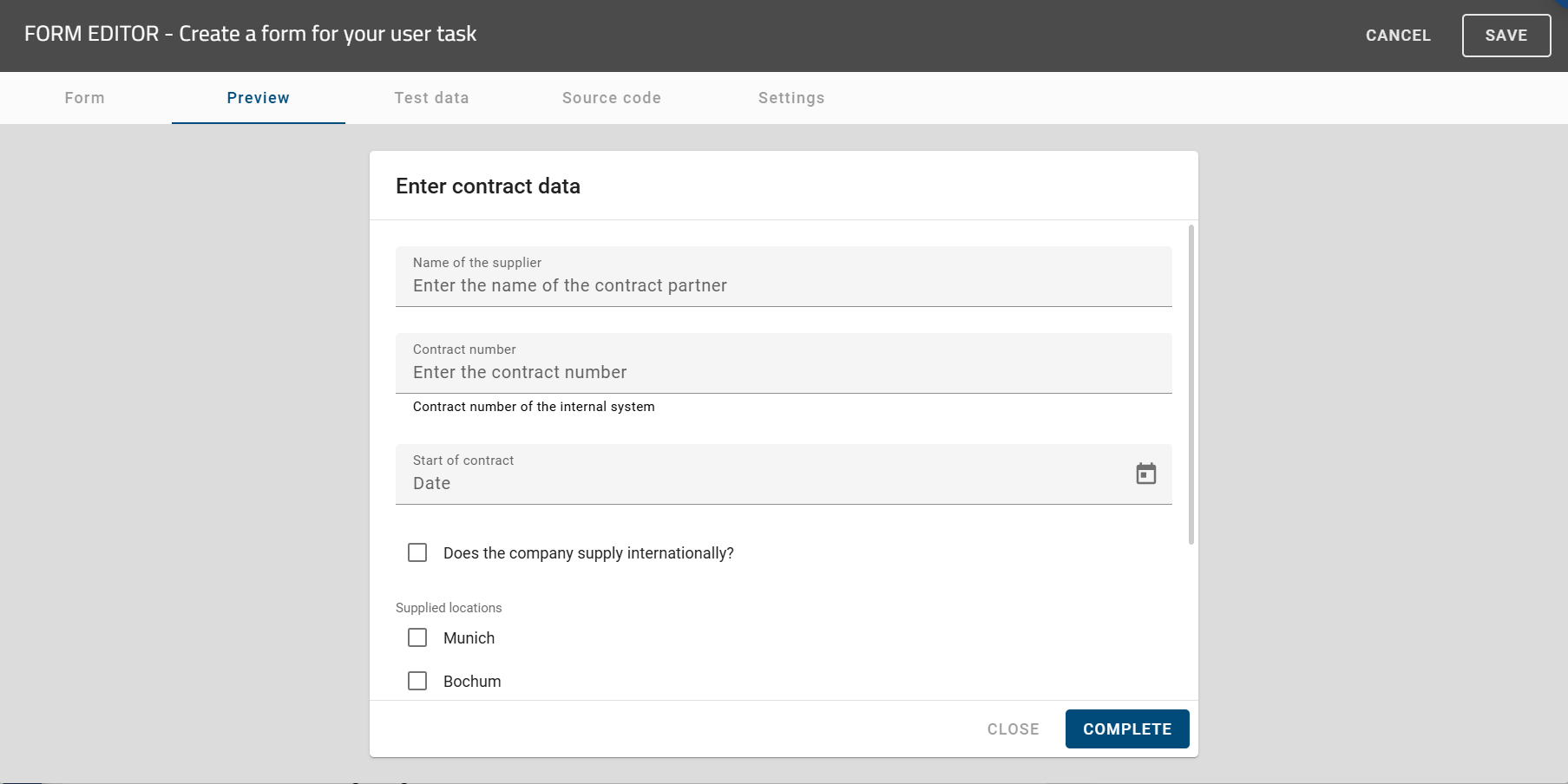 The screenshot shows the "Preview" of a form in the "form editor".