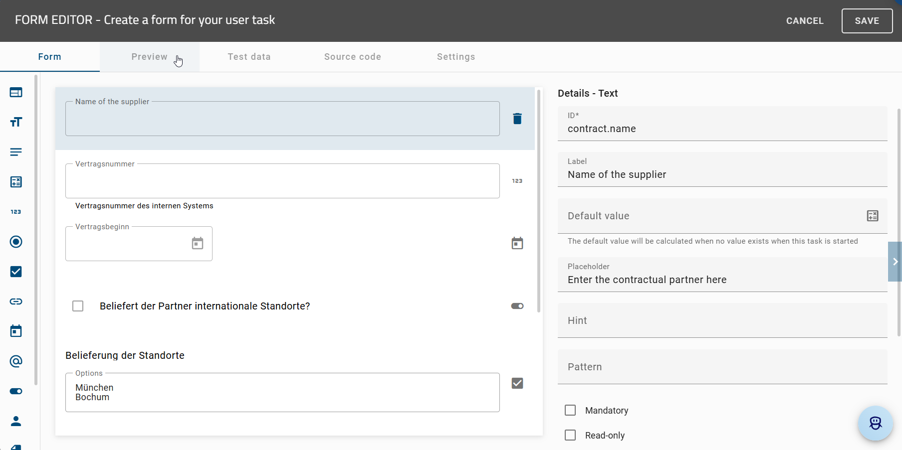 The screenshot shows how a "Preview" of the form can be displayed in the open "form editor".
