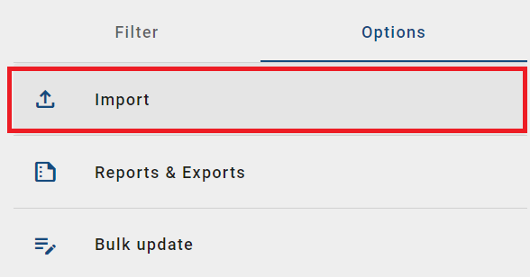 The screenshot shows the option "Import" in the options.