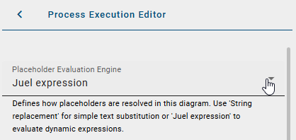 The screenshot shows you the selection between "JUEL expression" and "String replacement" in the drop-down menu in the upper area of the "Process Execution Editor".