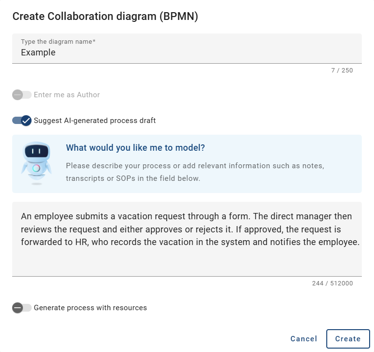 The screenshot shows the possibility to describe your process so that Arty can create a diagram based on your requirements.