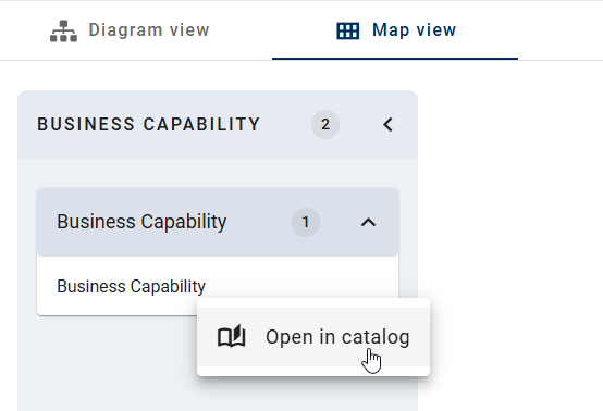 The screenshot shows how you can navigate directly to the occurrence in the catalog using the context menu of a business capability in the “Map view”.