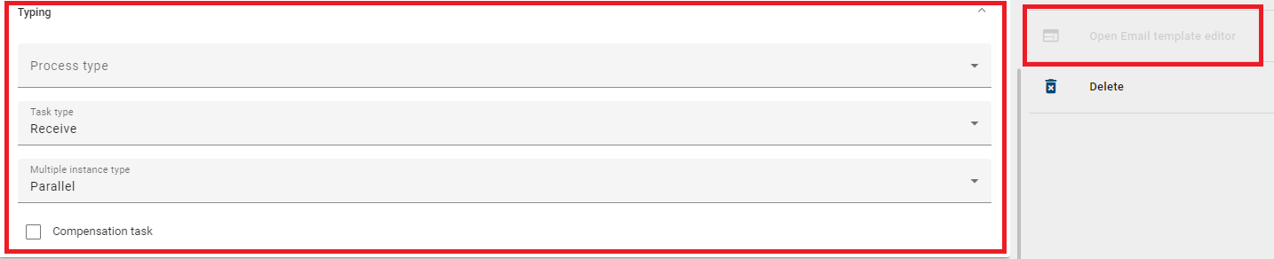 The screenshot shows the options with the selection "Open Email Template Editor" and the categorization of a catalog entry.