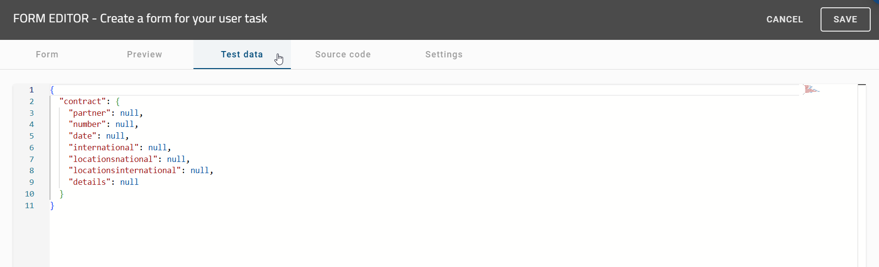 The screenshot shows the "Test data" tab of a form in the "form editor".