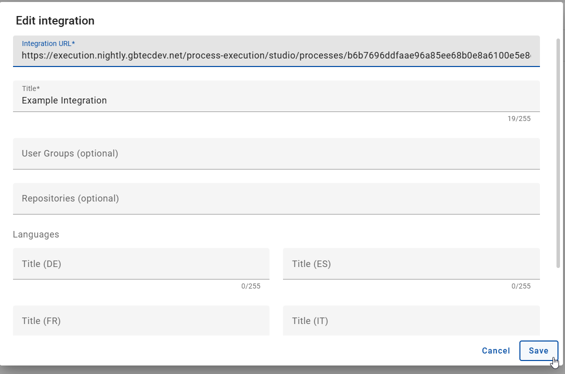 The screenshot shows the option to save an integration.