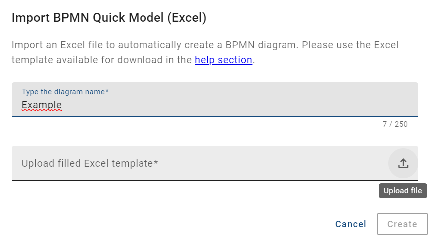 The screenshot shows the dialog window for the option "Import BPMN Quick Model (Excel)".