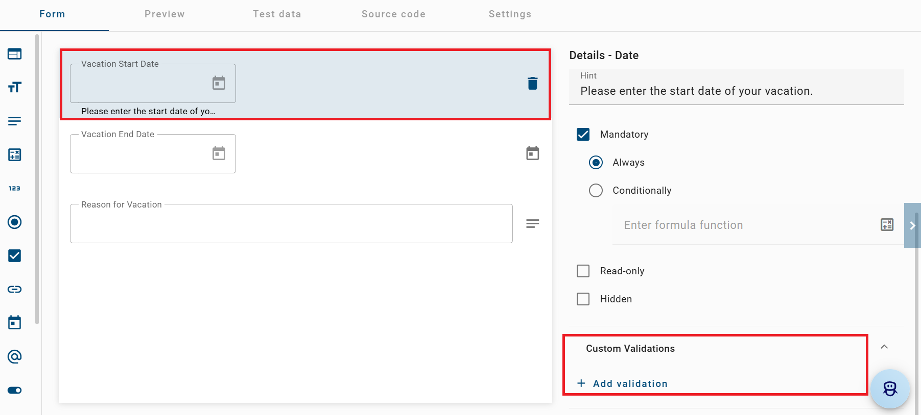 The screenshot shows the form editor and the “Add validation” function for adding a “Custom Validation.”