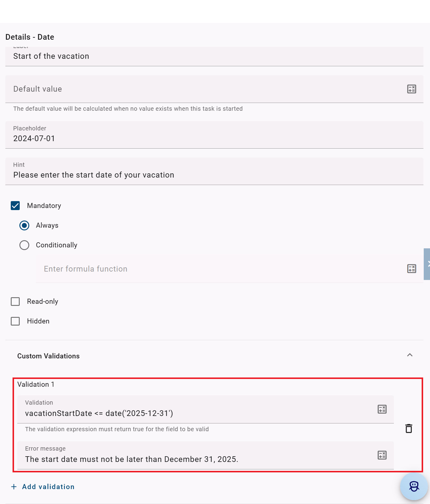 The screenshot shows the custom validation “startDate <= date(‘2025-12-31’)” and the corresponding "Error message".