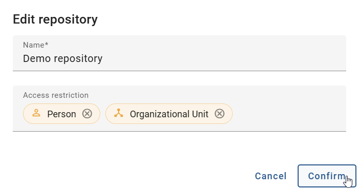 The screenshot shows the dialog for setting an access restriction for a repository.