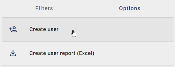The screenshot shows the option "Create user" in the options panel.