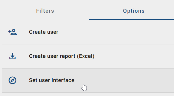 The screenshot shows the option "Set user interface" in the "Options" tab in the administration.