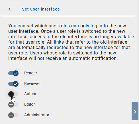 The screenshot shows all user roles with an toggle switch for the access only of the new user interface.