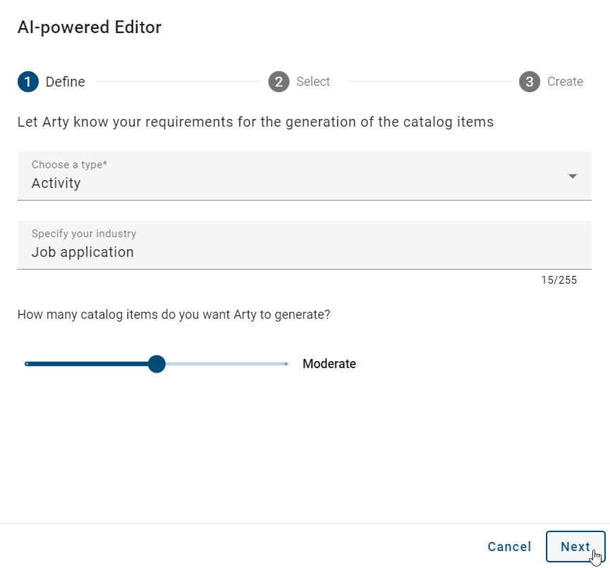 The screenshot shows in a dialog window the first step for creating an AI generated catalog entry.