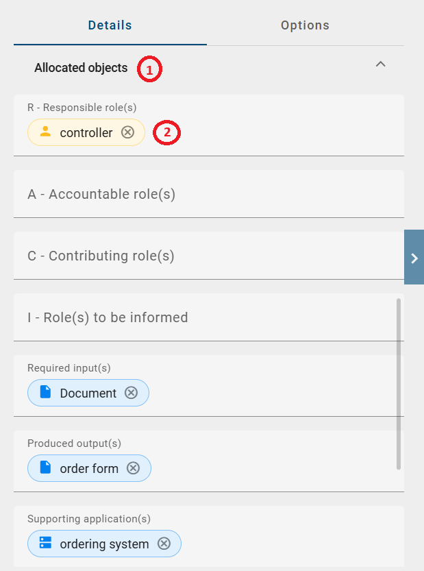 The screenshot shows the “Details” tab of a selected diagram object. In the “Allocated Objects” attribute group, referenced roles and other target objects are displayed as selectable entries.