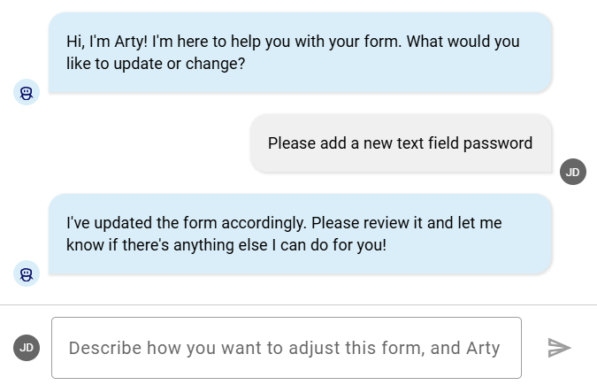 The screenshot shows an example for the usage of Arty for adjustments in the form in the form editor.