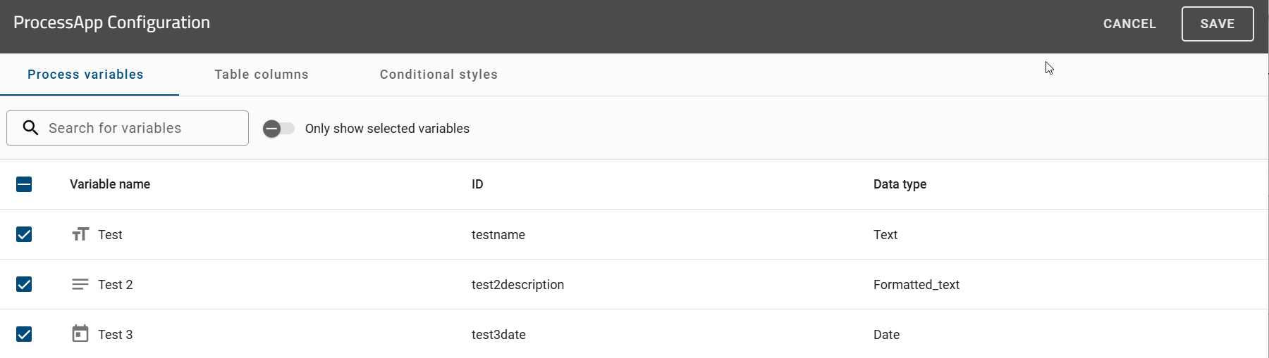 The screenshot shows the search bar and the option to display all selected variables.