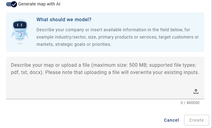 This screenshot shows the option to generate a “Business Capability Map” using AI in the “Diagrams” menu item.